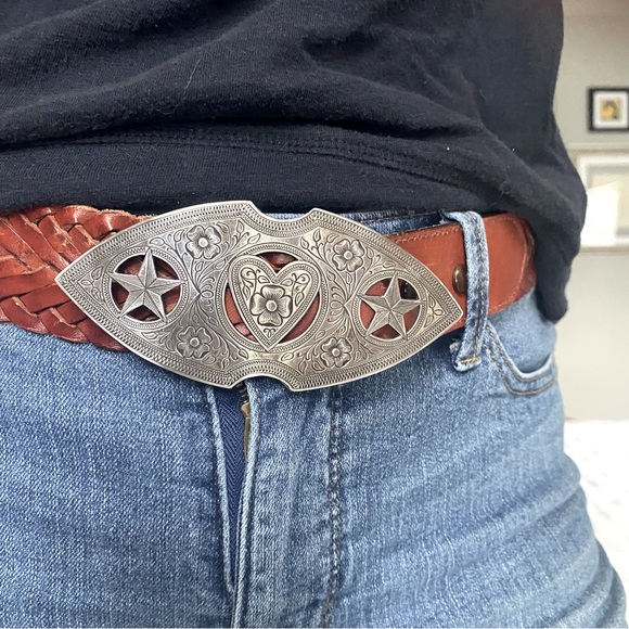 Vintage Western Ornate Sterling Silver Buckle Braided Leather Belt Southwestern - Picture 1 of 9